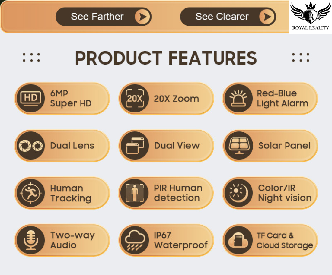 Product features list with icons and text on a beige background