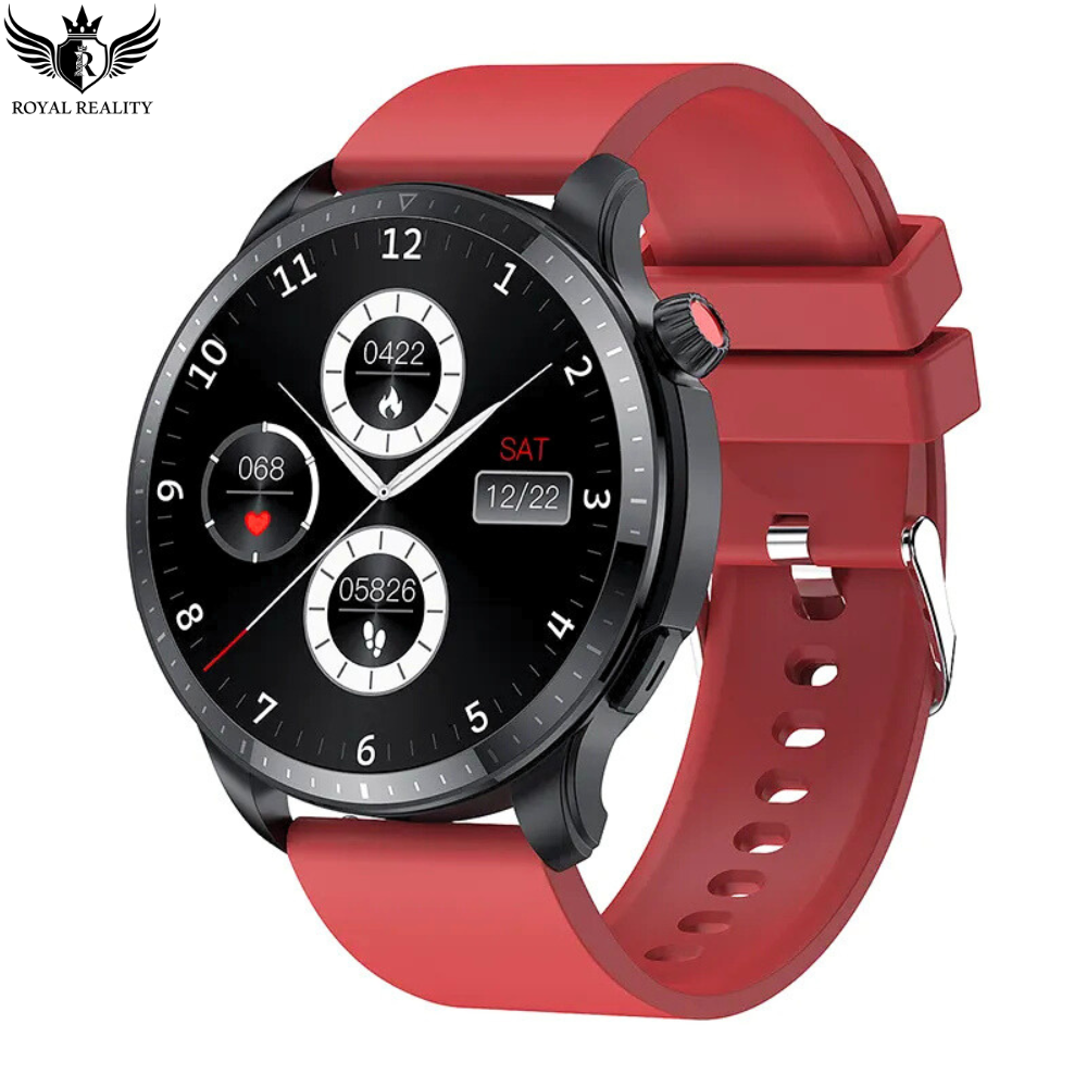 Red sporty smart watch with multiple functions including heart rate steps and date display Designed for fitness enthusiasts and active users.