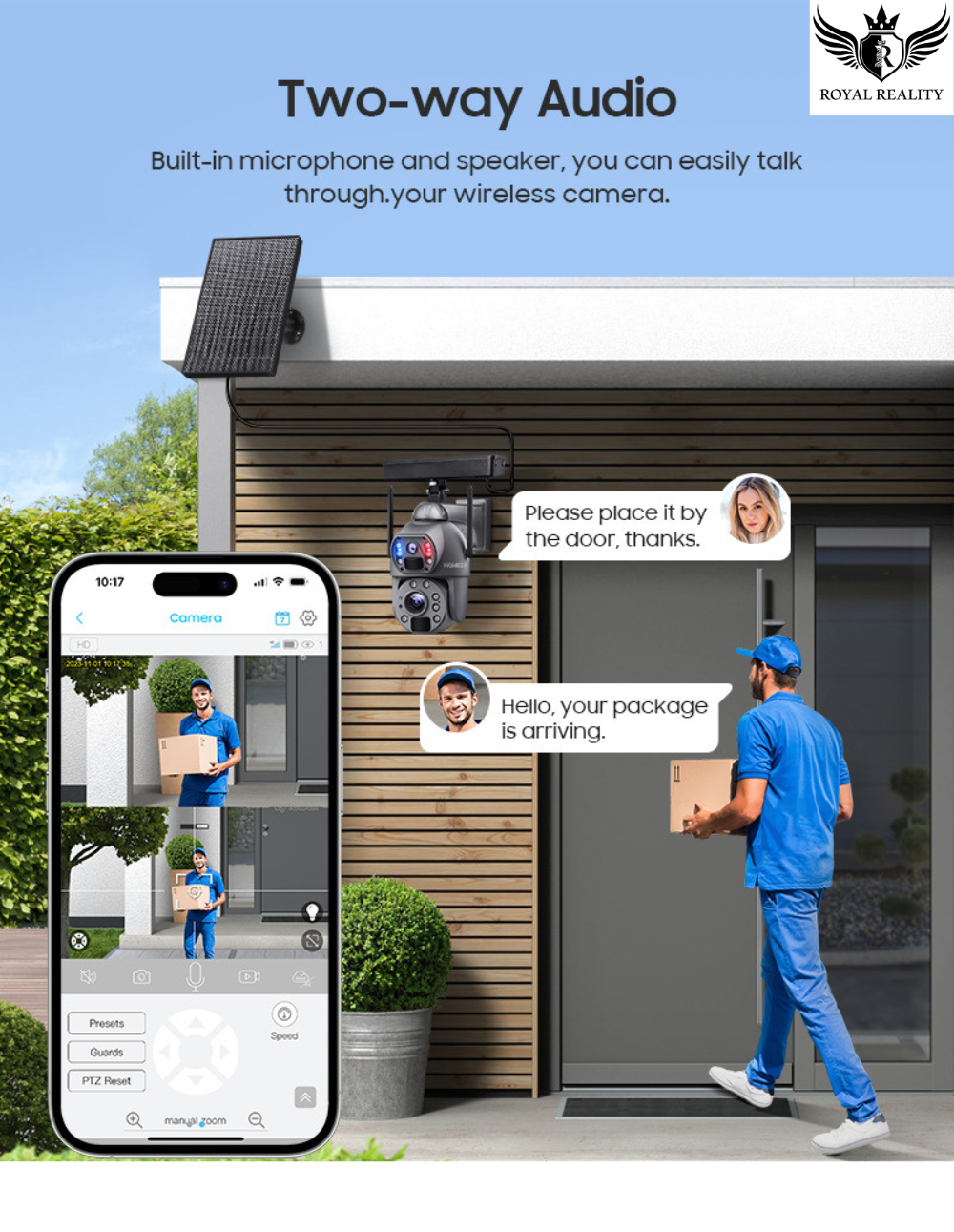 Home security system with two-way audio feature, showing a delivery person and smartphone app interface.