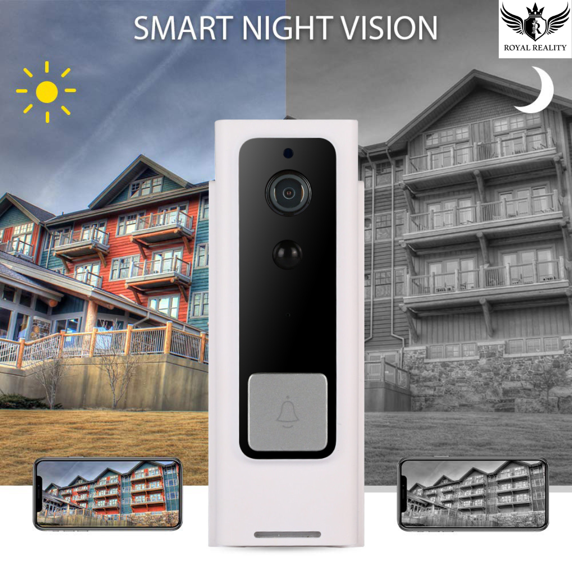 Smart doorbell with night vision feature displayed against a background of a house.