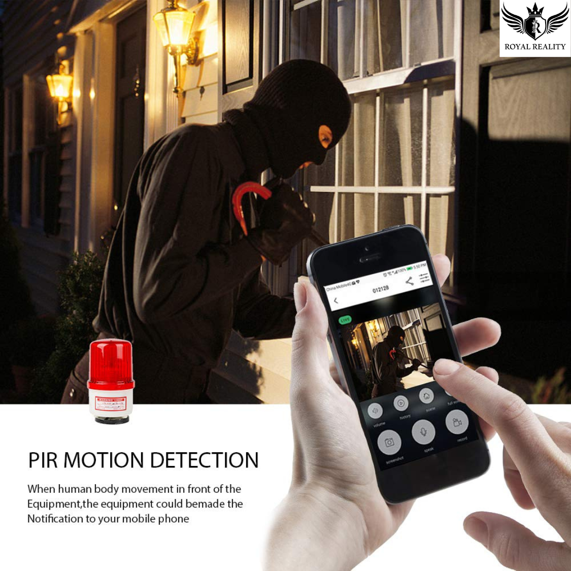 Person with a mask breaking into a house through a window, with a smartphone displaying security app on screen.