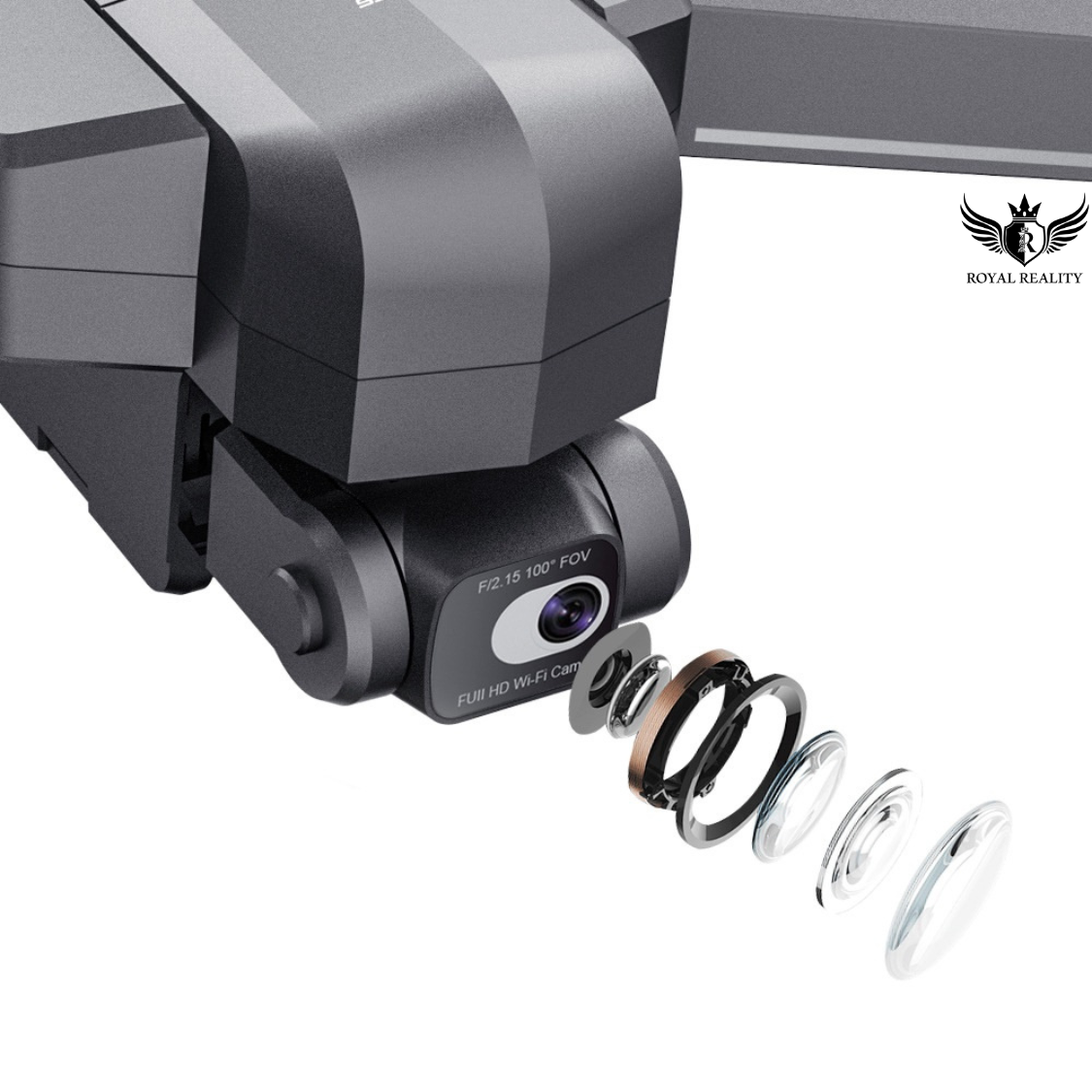 Camera module with lens covers on a white background, featuring the Royal Reality logo.