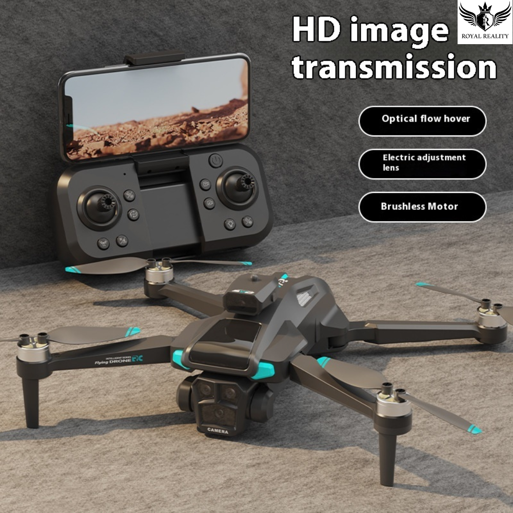 Drone with controller and screen displaying desert landscape, featuring HD image transmission technology.
