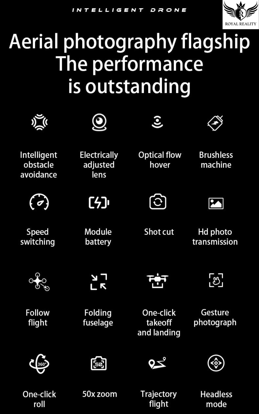 Promotional image of an aerial photography drone with feature icons and text on a black background.