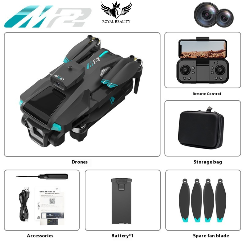 Product packaging with drone, remote control, storage bag, accessories, battery, and spare fan blade on a white background.