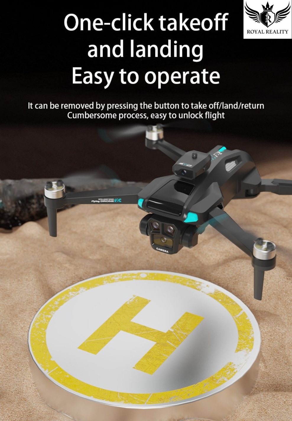Drone on a circular platform with 'H' marking, text about one-click takeoff and landing, and Royal Reality logo.