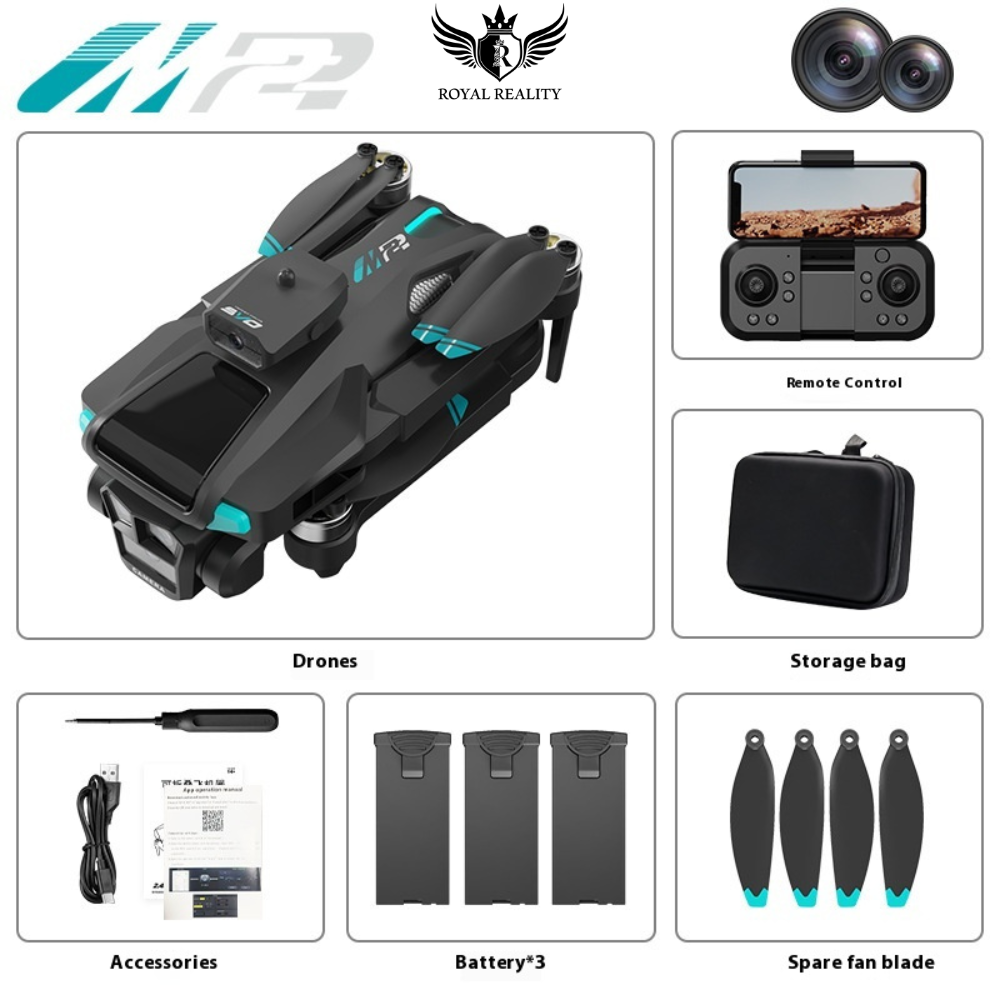 Product packaging with drone, remote control, storage bag, accessories, batteries, and spare fan blade on a white background.