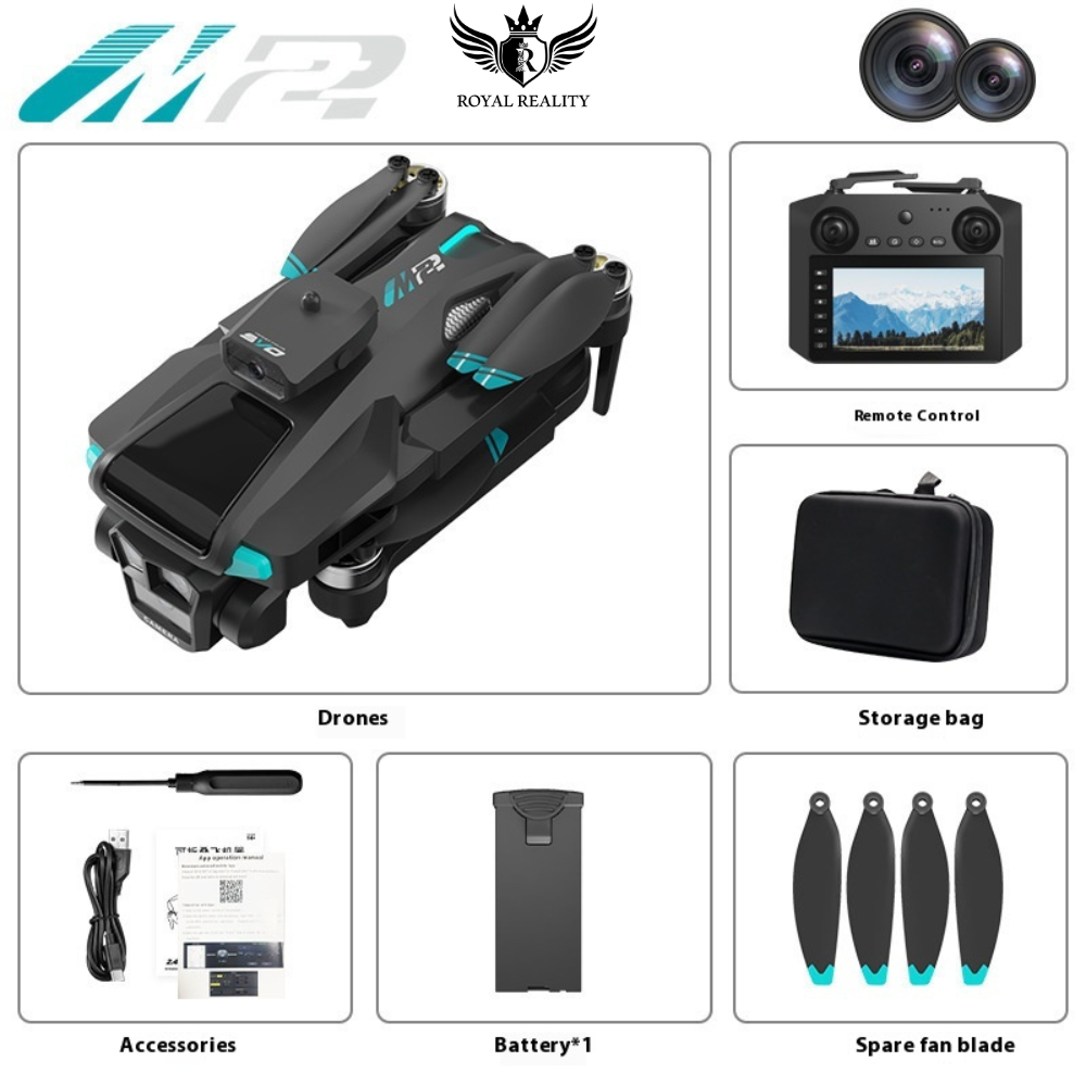 Drone set with remote control, storage bag, accessories, battery, and spare fan blade on a white background.