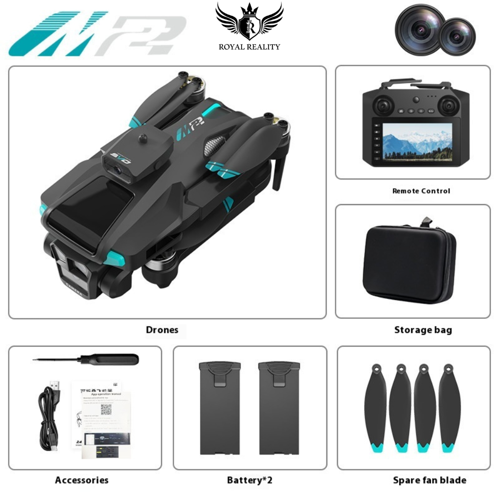 Royal Reality drone set with remote control, storage bag, accessories, batteries, and spare fan blade on a white background.