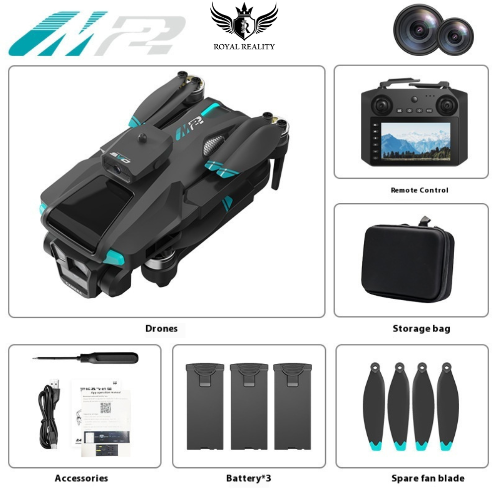 Royal Reality drone set with remote control, storage bag, accessories, batteries, and spare fan blade on a white background.