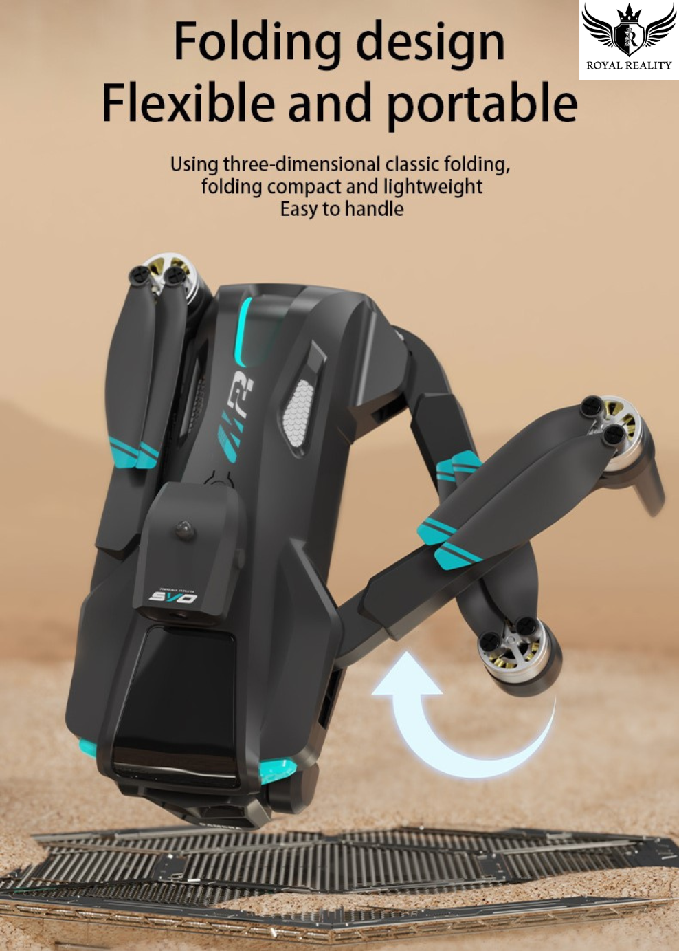 Folding drone with text highlighting its design and portability on a beige background