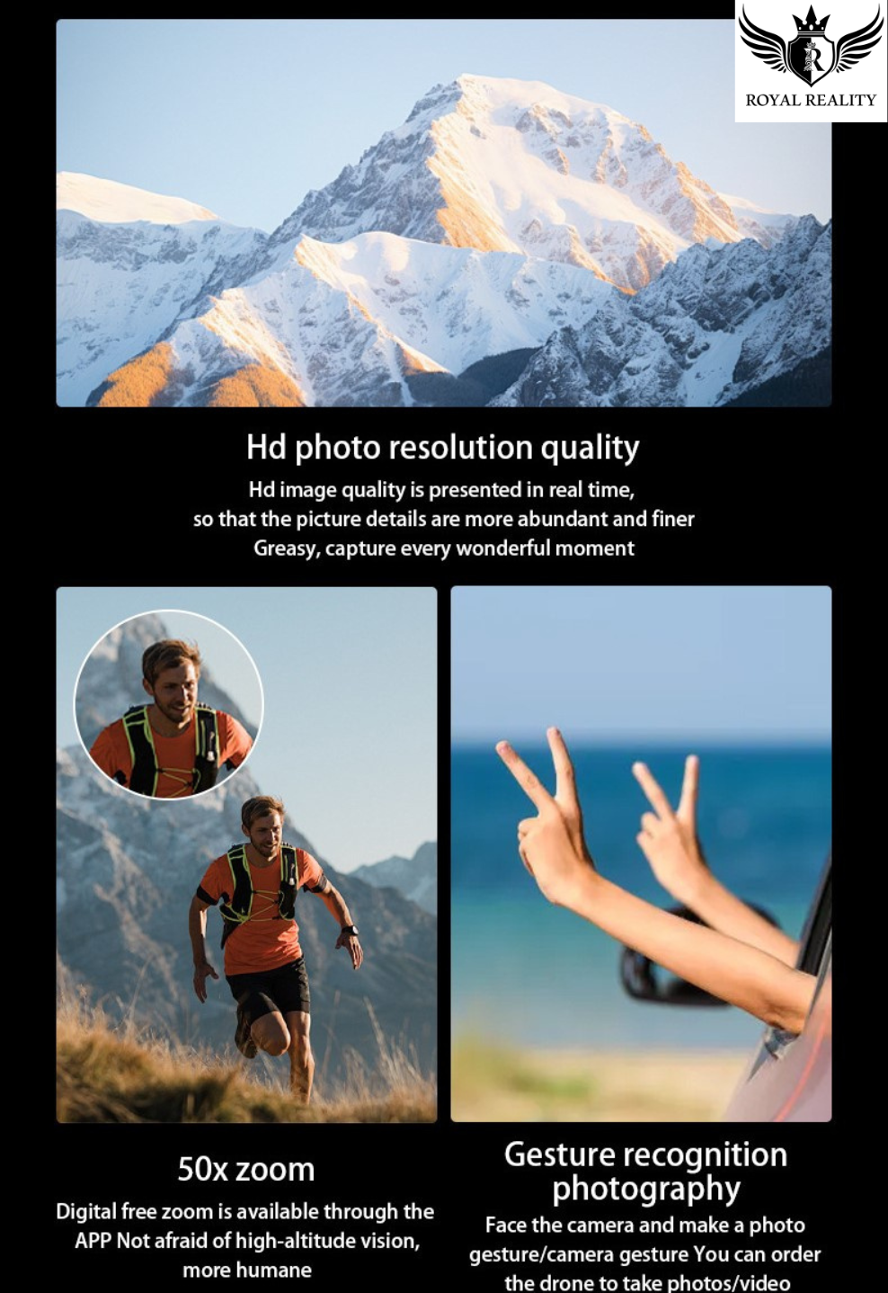 Person running with mountains in the background, showcasing HD photo resolution quality and 50x zoom capability.