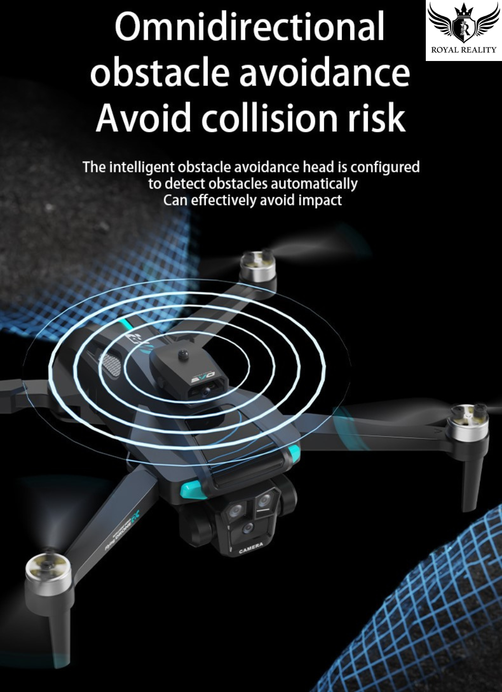 Drone with omnidirectional obstacle avoidance system on a dark background