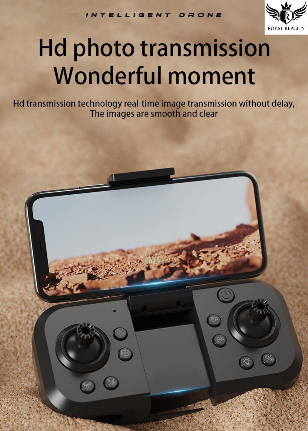 Drone controller with screen displaying desert landscape, text about hd photo transmission.