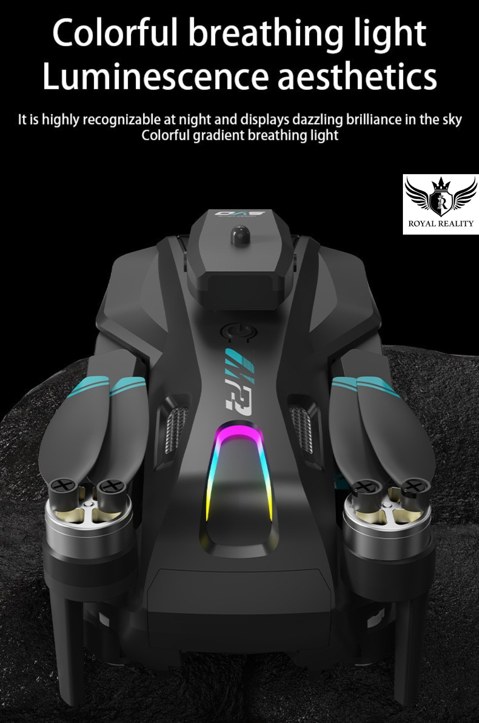 Colorful drone with gradient breathing light on a dark background, featuring text about luminescence aesthetics.