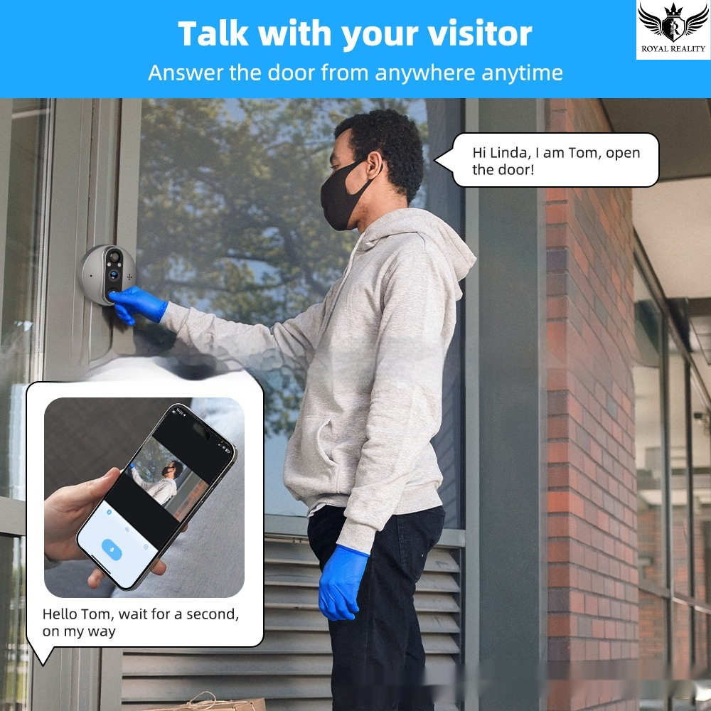 Person using a smart doorbell system with text overlay on a blue background