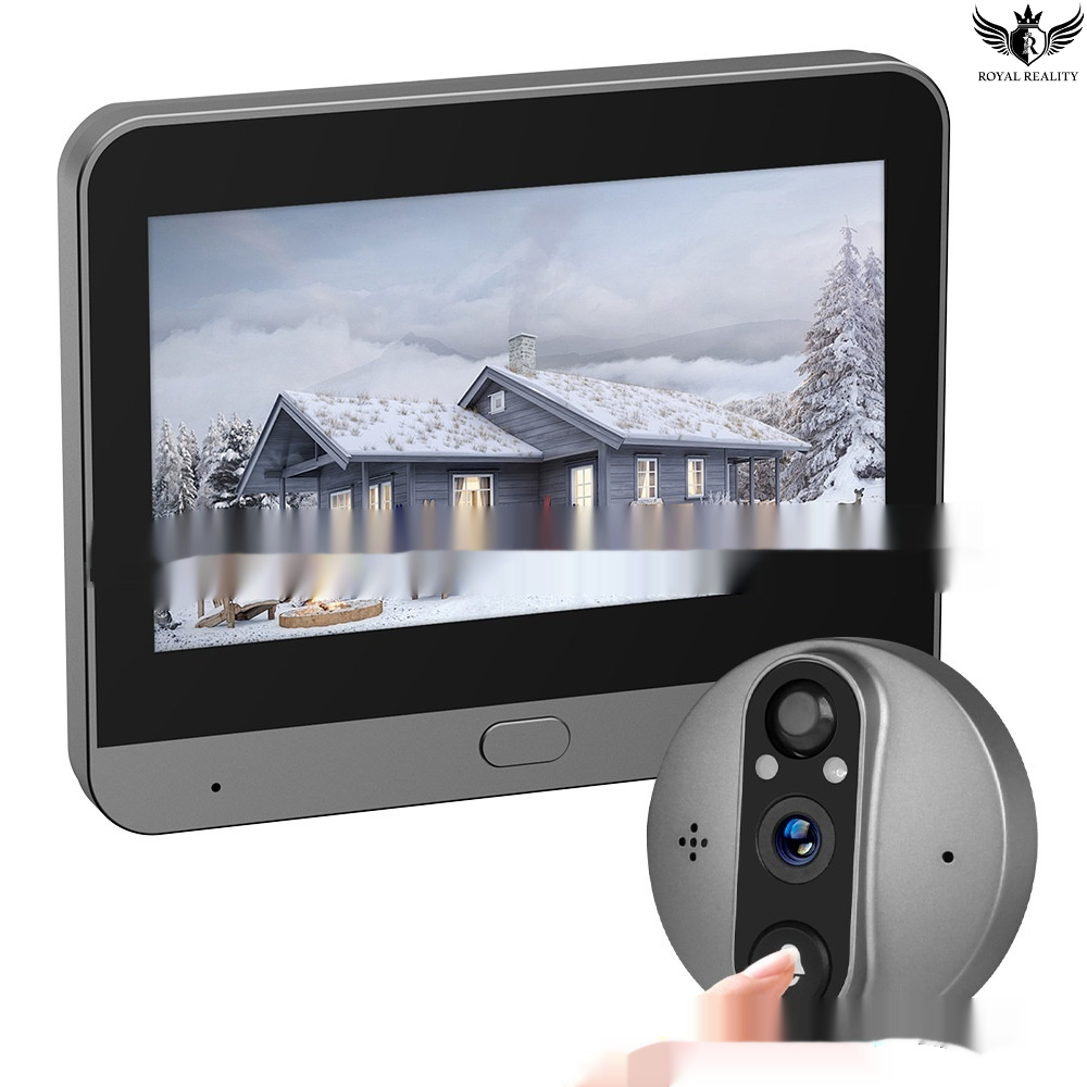 Digital doorbell with screen displaying a snowy house scene, brand 'Royal Reality' visible.