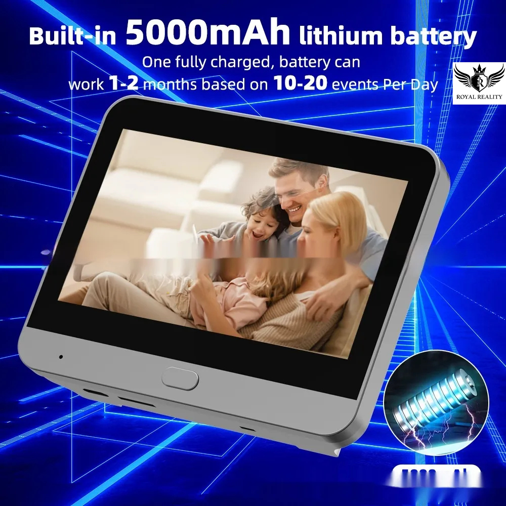 Digital photo frame with a family photo on screen, battery information text overlay, and blue background.