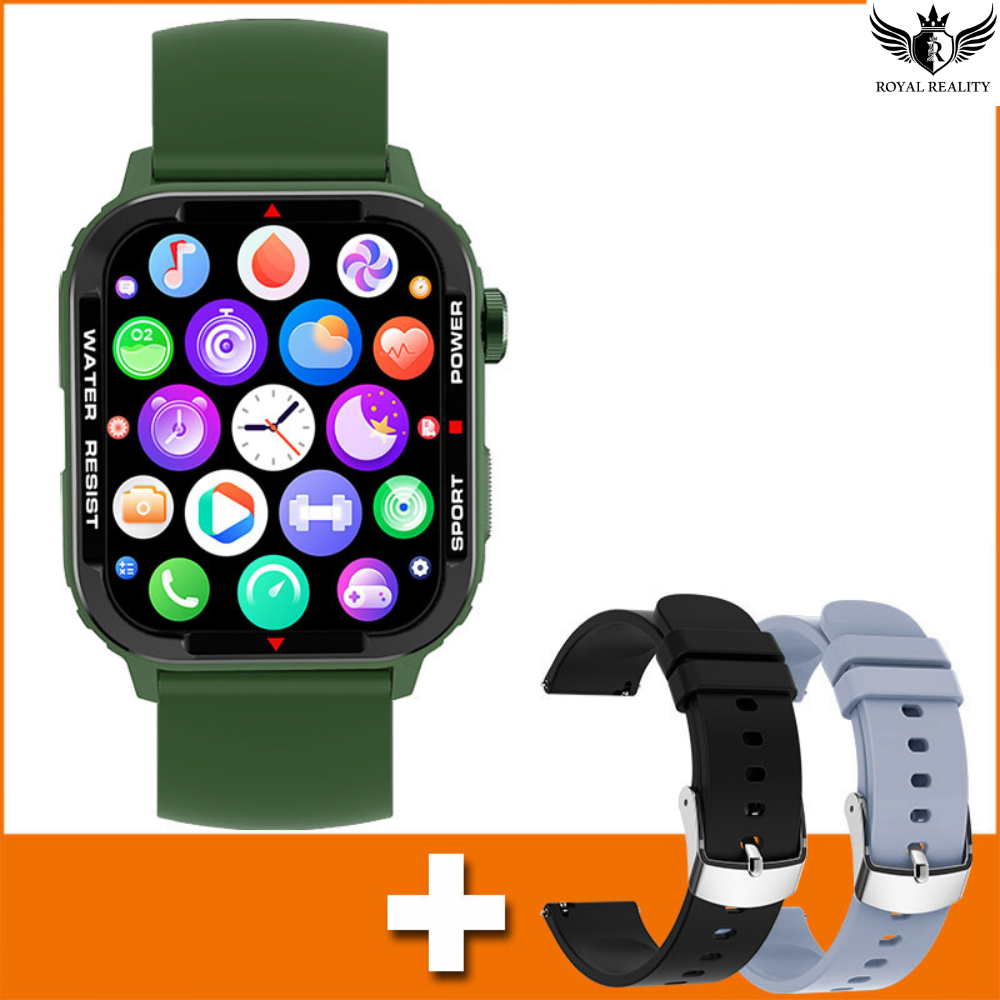 Smartwatch with a green band and additional black and gray bands on an orange background.