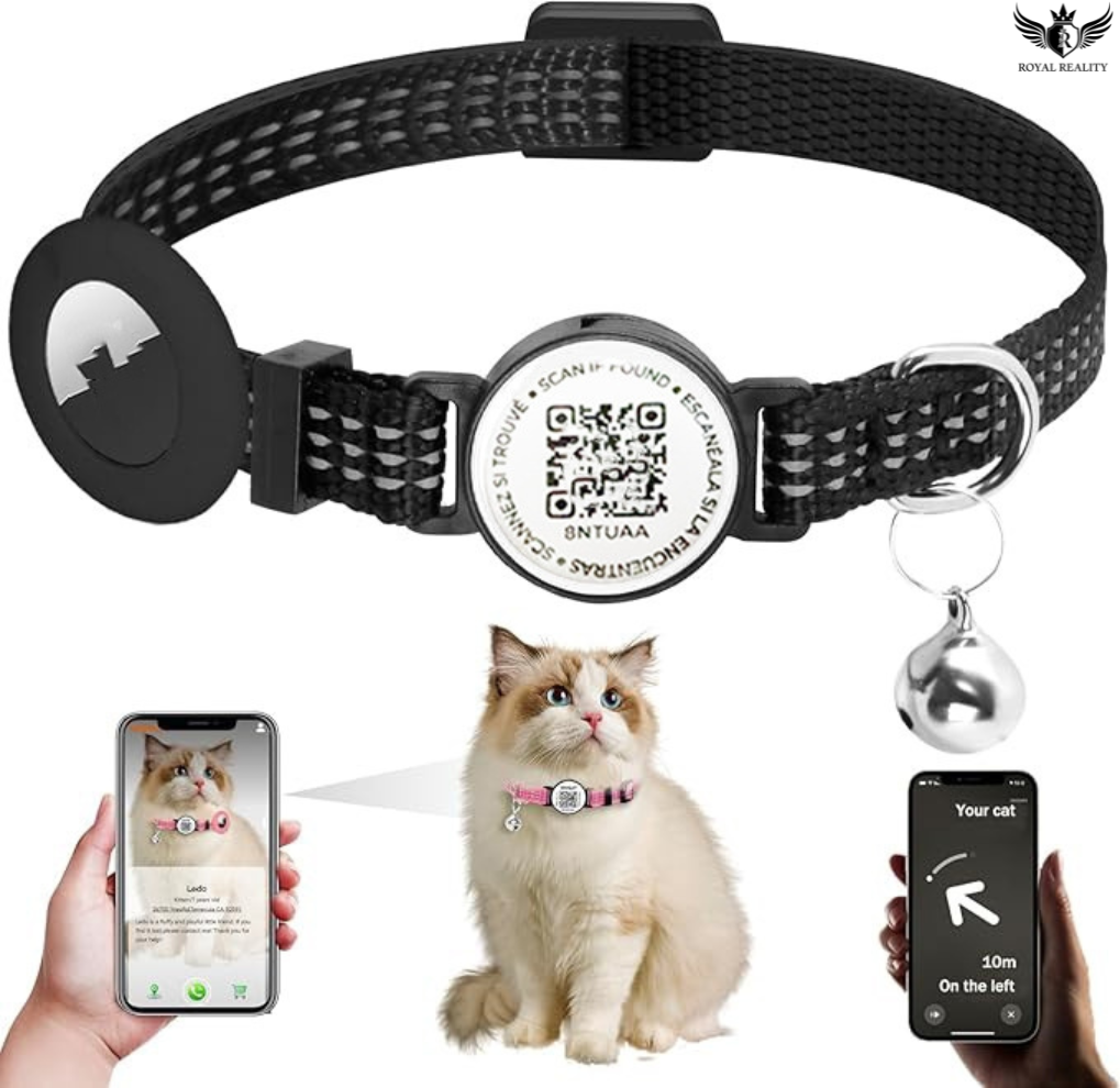 Pet collar with QR code tag, bell, and smartphone app interface on a white background