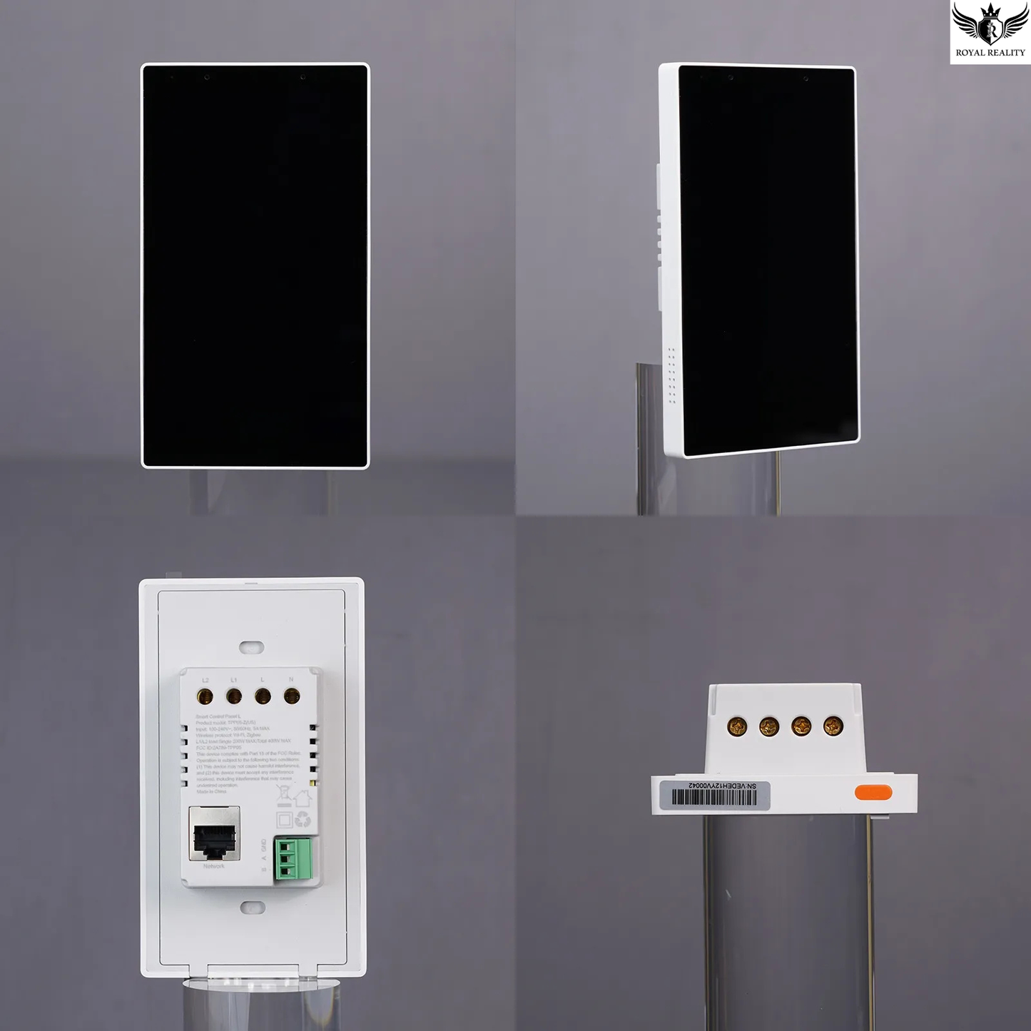 Set of electronic devices on stands against a gray background