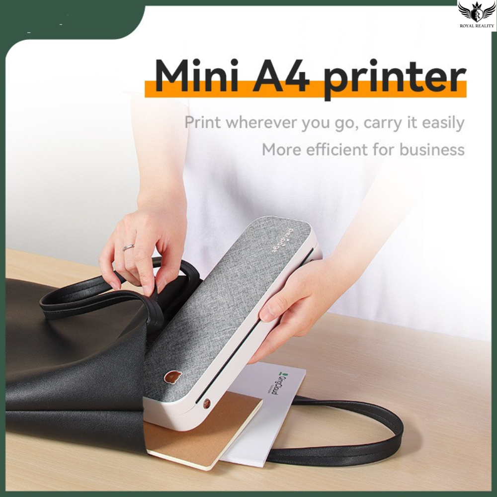 Mini A4 printer being held by a person with text highlighting its portability and efficiency.
