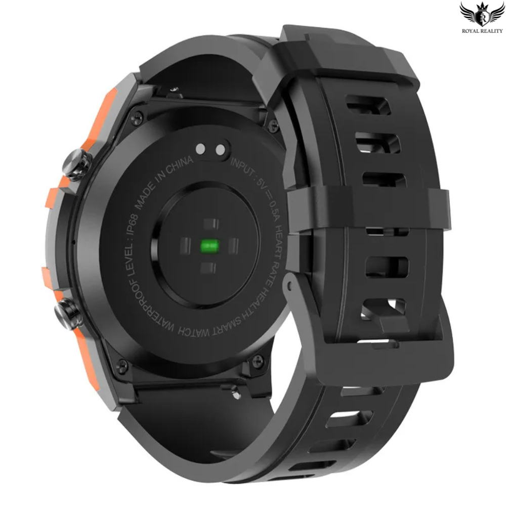 Black smartwatch with orange accents on a white background