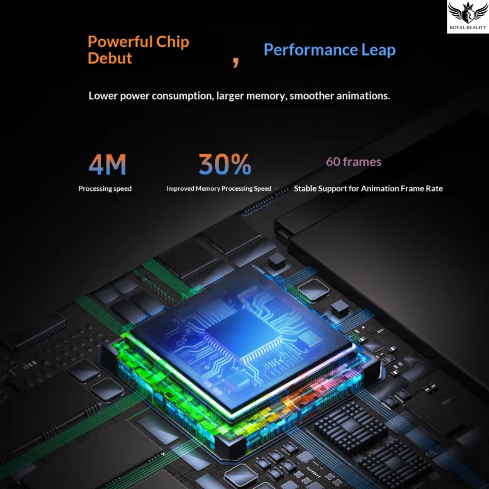 Computer chip with performance specifications on a dark background