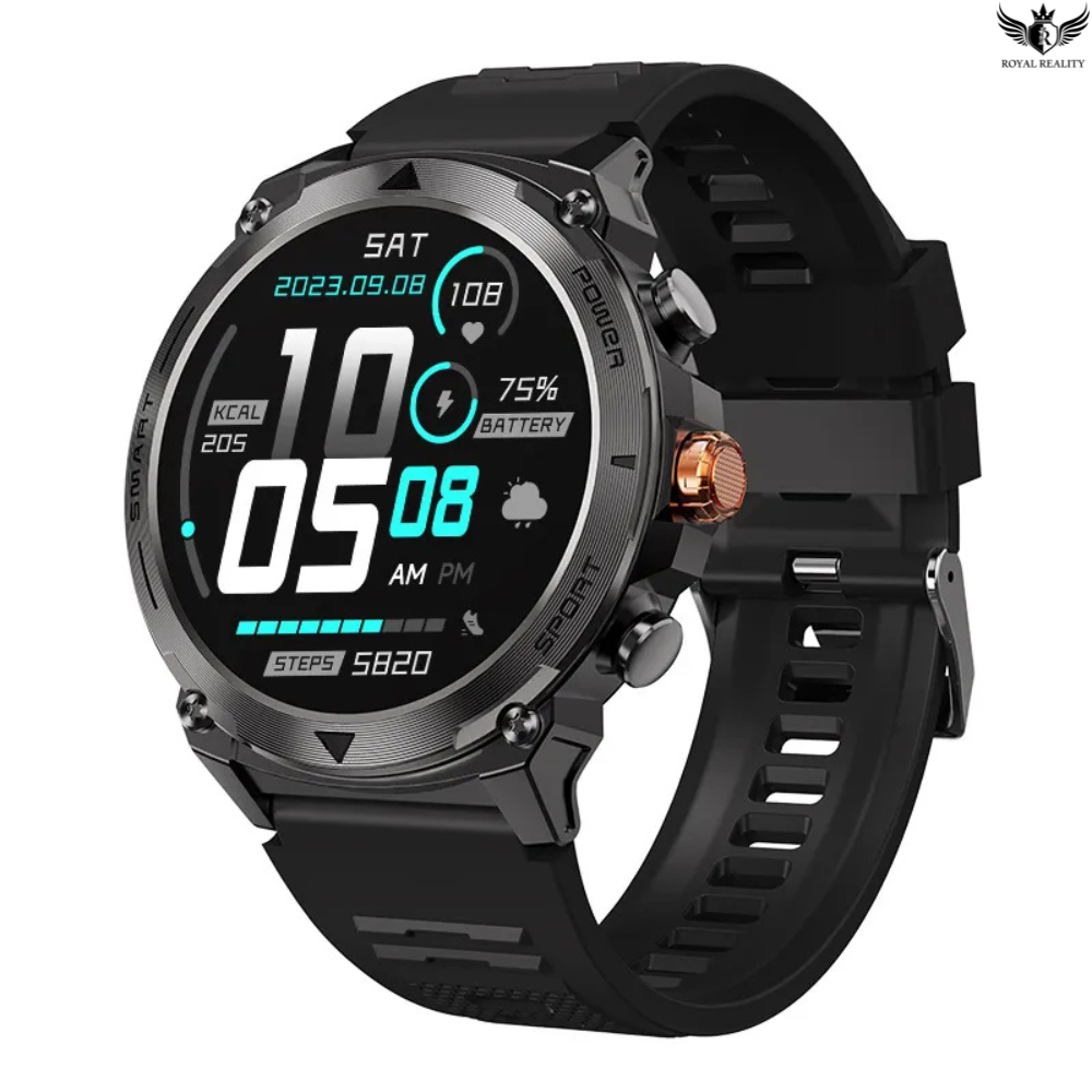 Black smartwatch with digital display on a white background