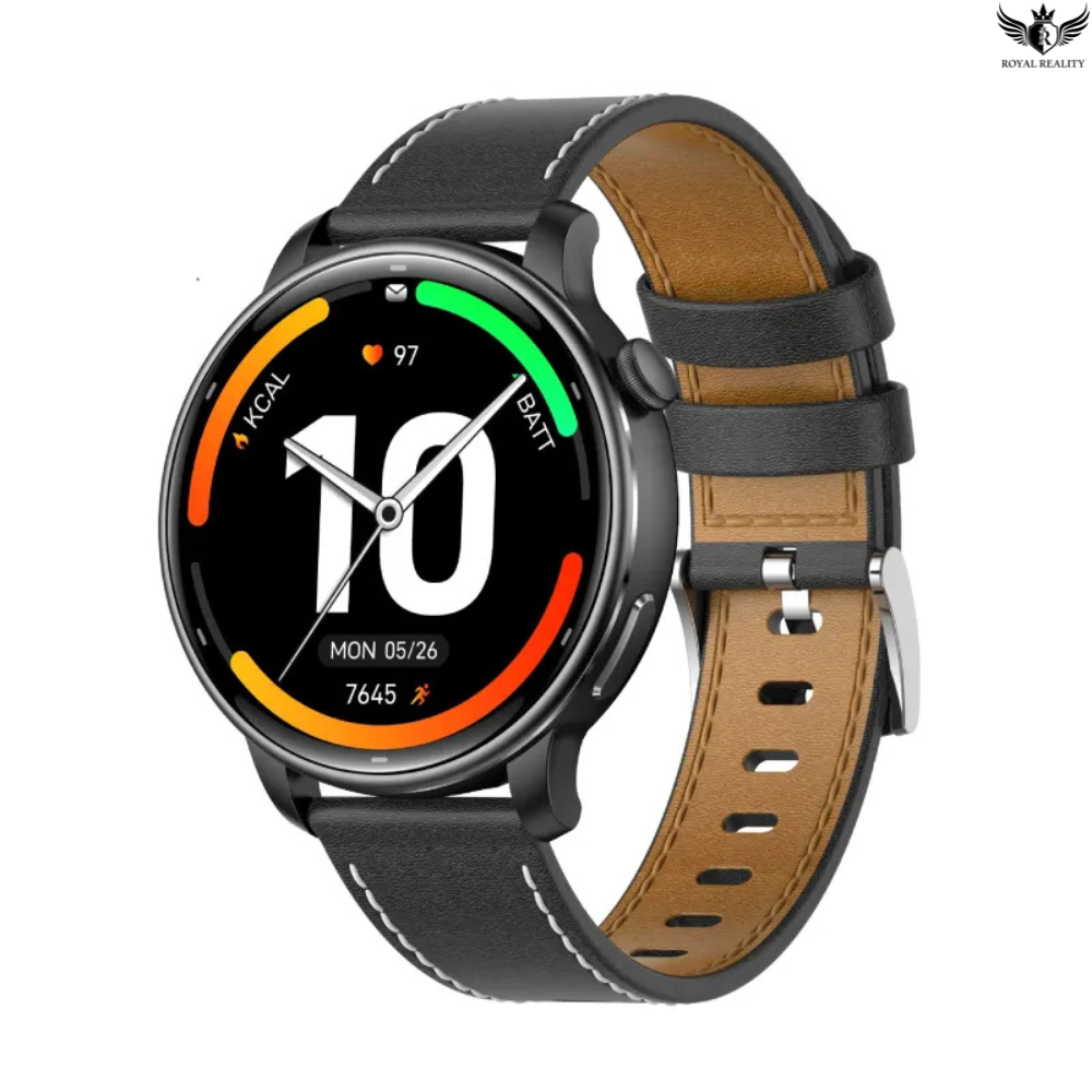 Smartwatch with a black and brown leather strap on a white background