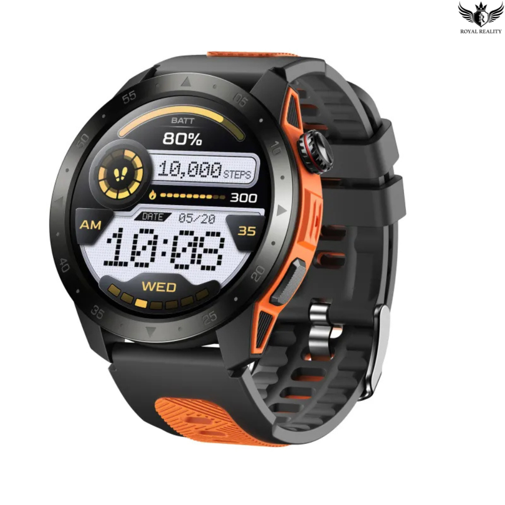 Smartwatch with black and orange design on a white background