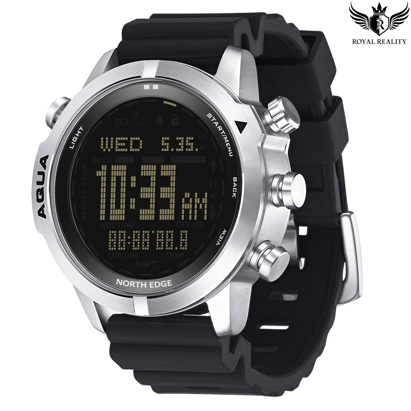 Watch with Black Strap: The image shows the watch worn on the wrist with a comfortable black strap, ensuring comfort throughout the day, whether you’re working out or diving.