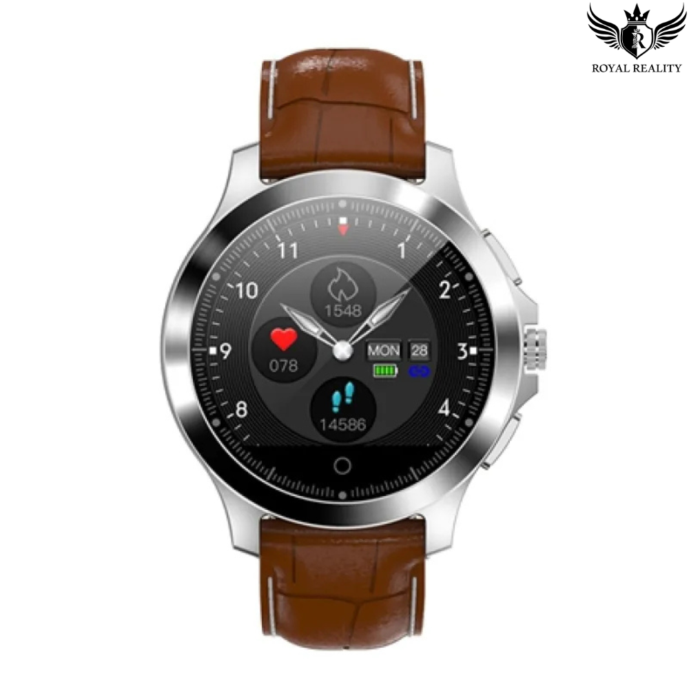 Stainless steel smartwatch with brown leather strap and round display