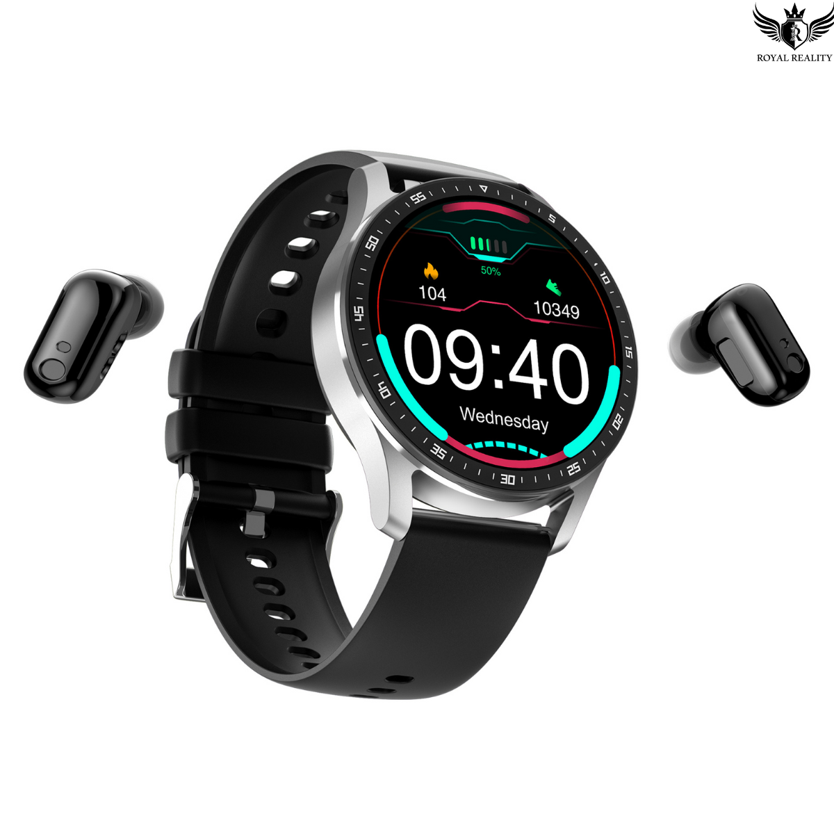 Smartwatch displaying health and fitness metrics with earbuds beside it