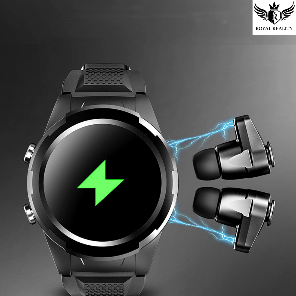 Smartwatch Displaying Charging Animation with Earbuds in Case