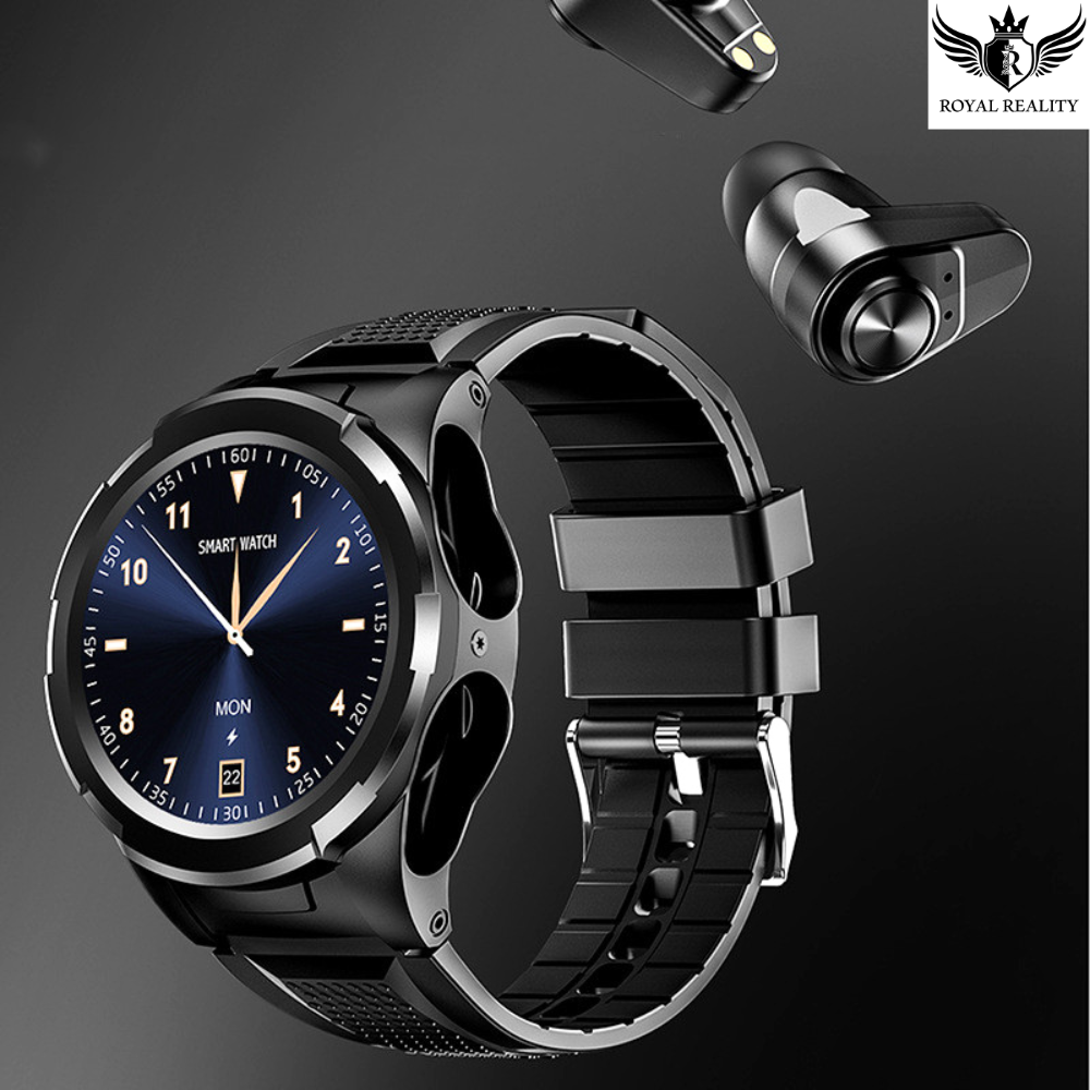 Side Angle of Smartwatch with Earbuds Inserted into Case