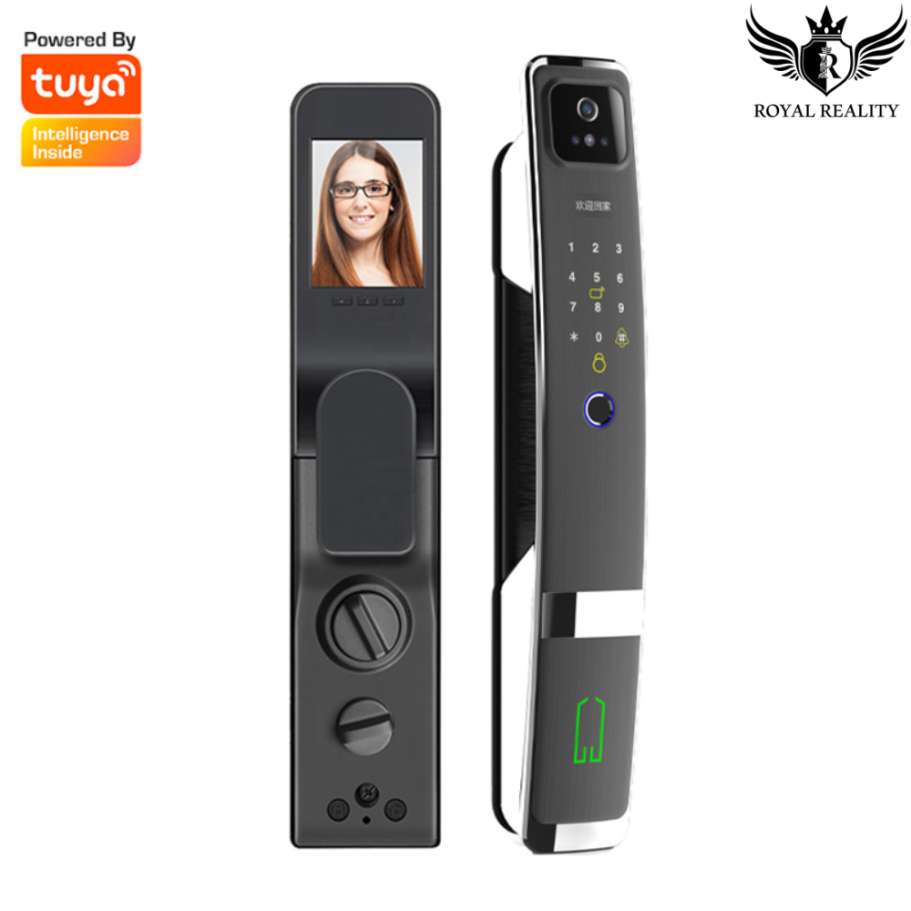 Side and front views of aluminum smart door lock with camera