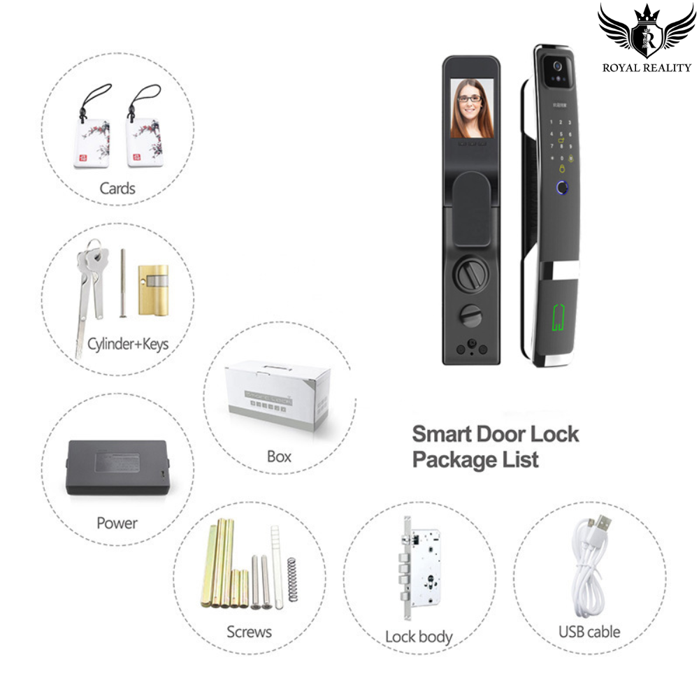 Smart door lock kit showing included lock, battery, and accessories