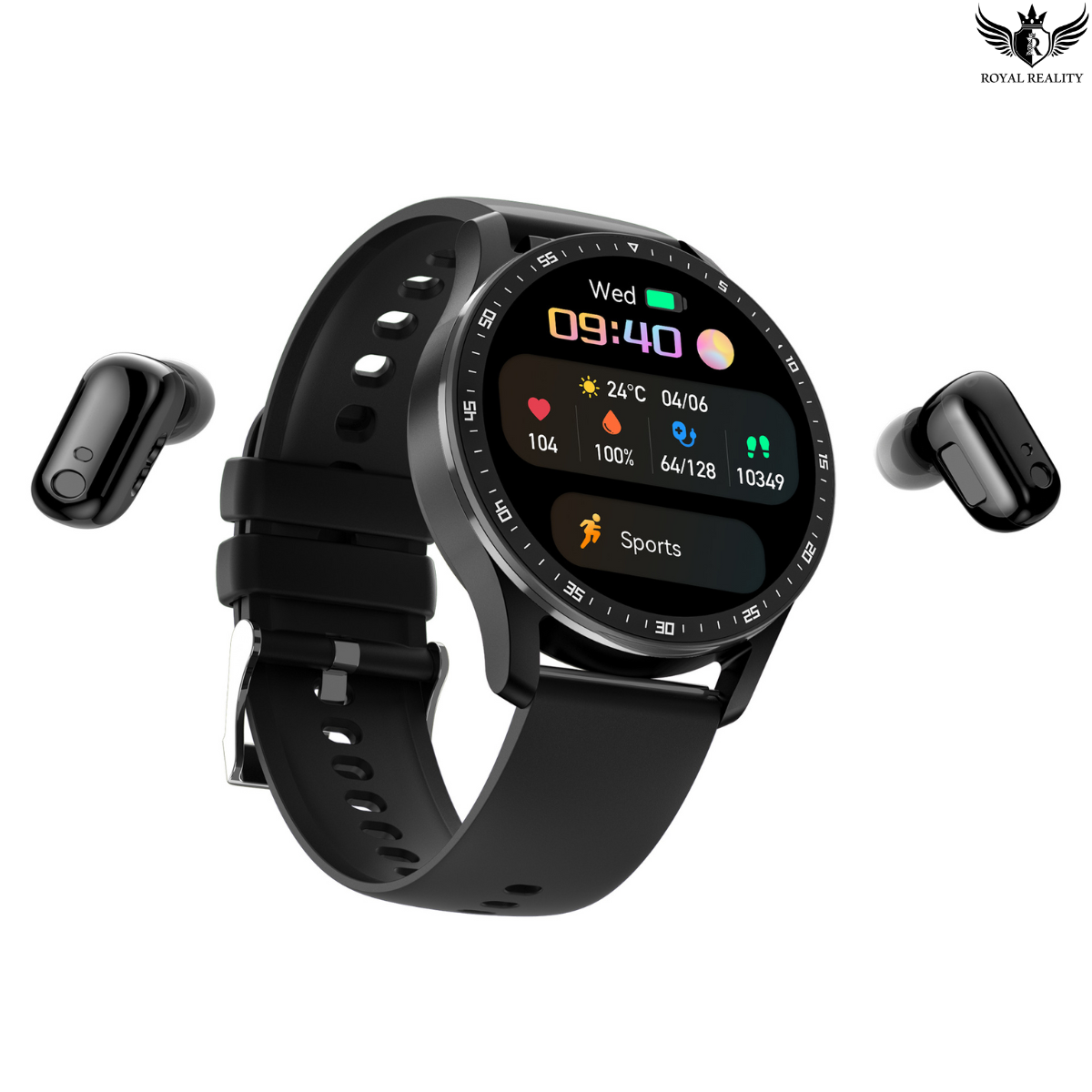 Side view of smartwatch with earbuds docked, showing touch screen interface