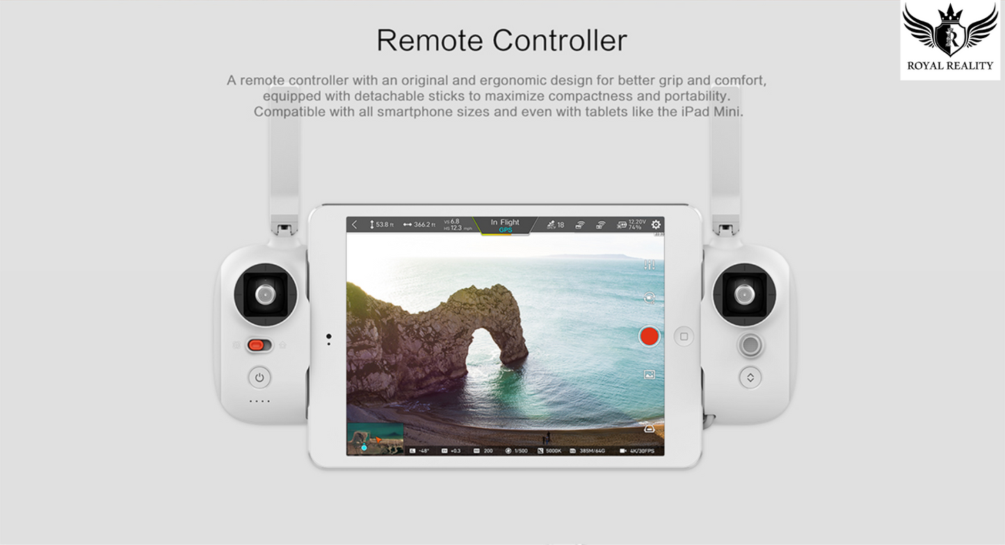 Remote control with live 4K video feed displayed on mobile screen