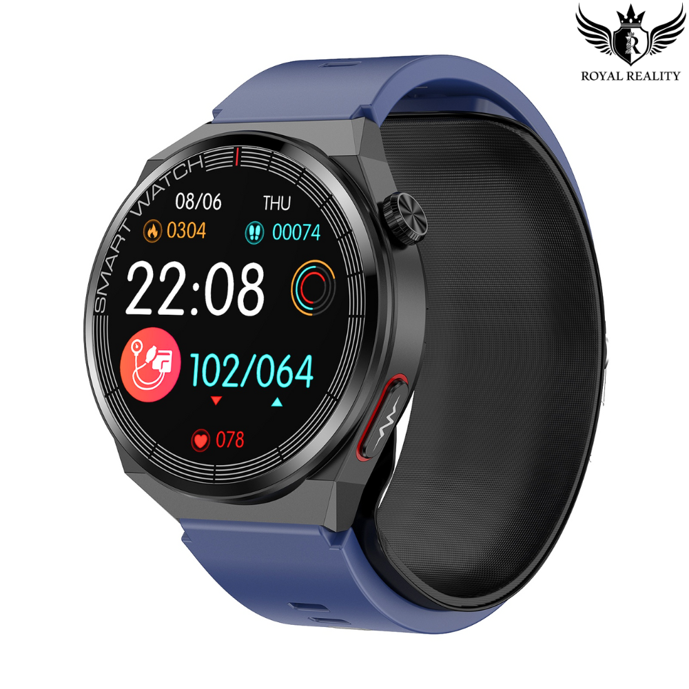 Blue and Black Smartwatch Showing Full-Screen Interface and Metrics