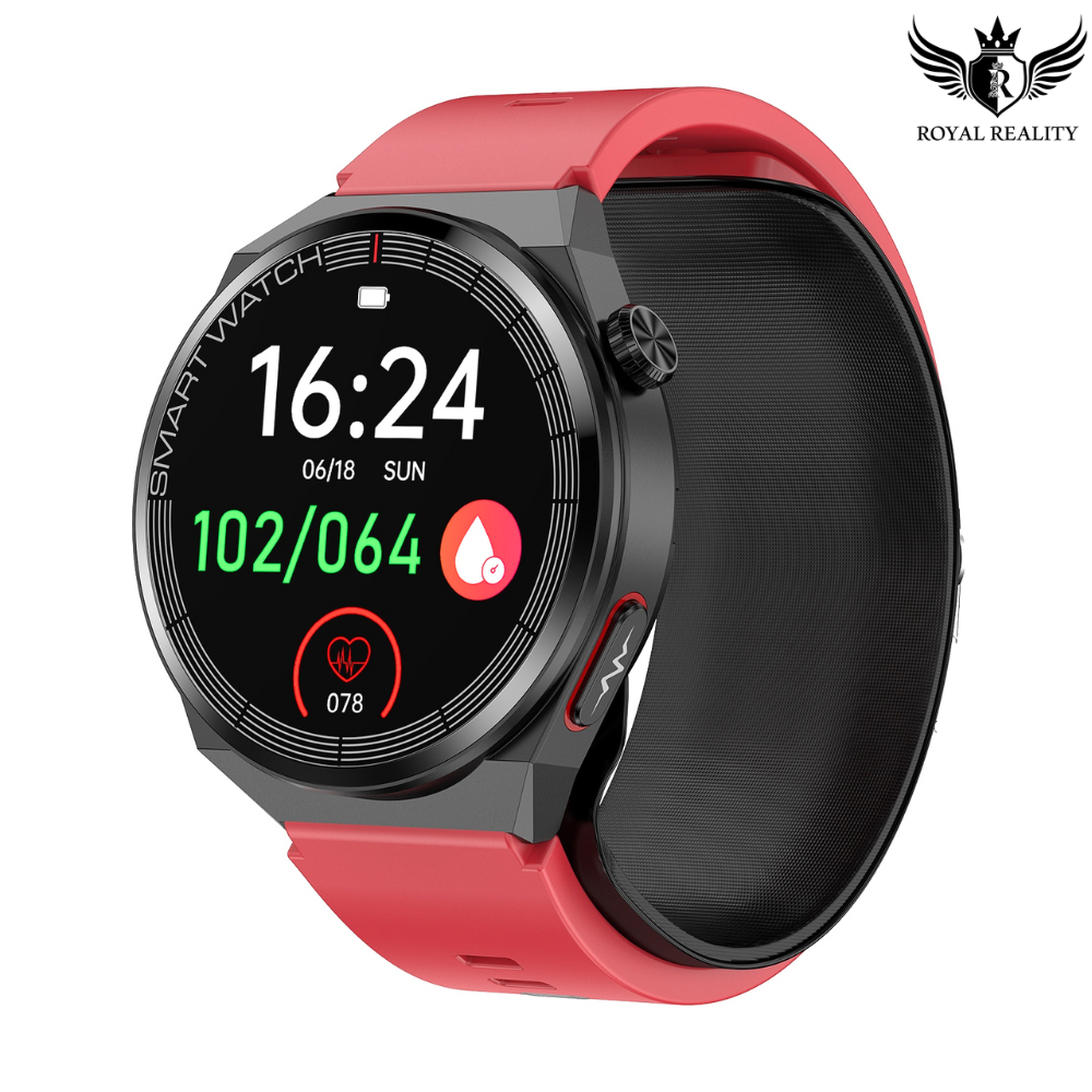 Red and Black Smartwatch with Time and Heart Rate Display