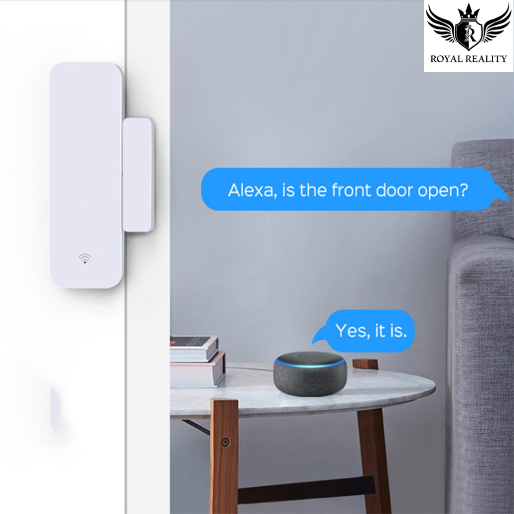 WiFi door and window sensor installed on door frame – smart home setup