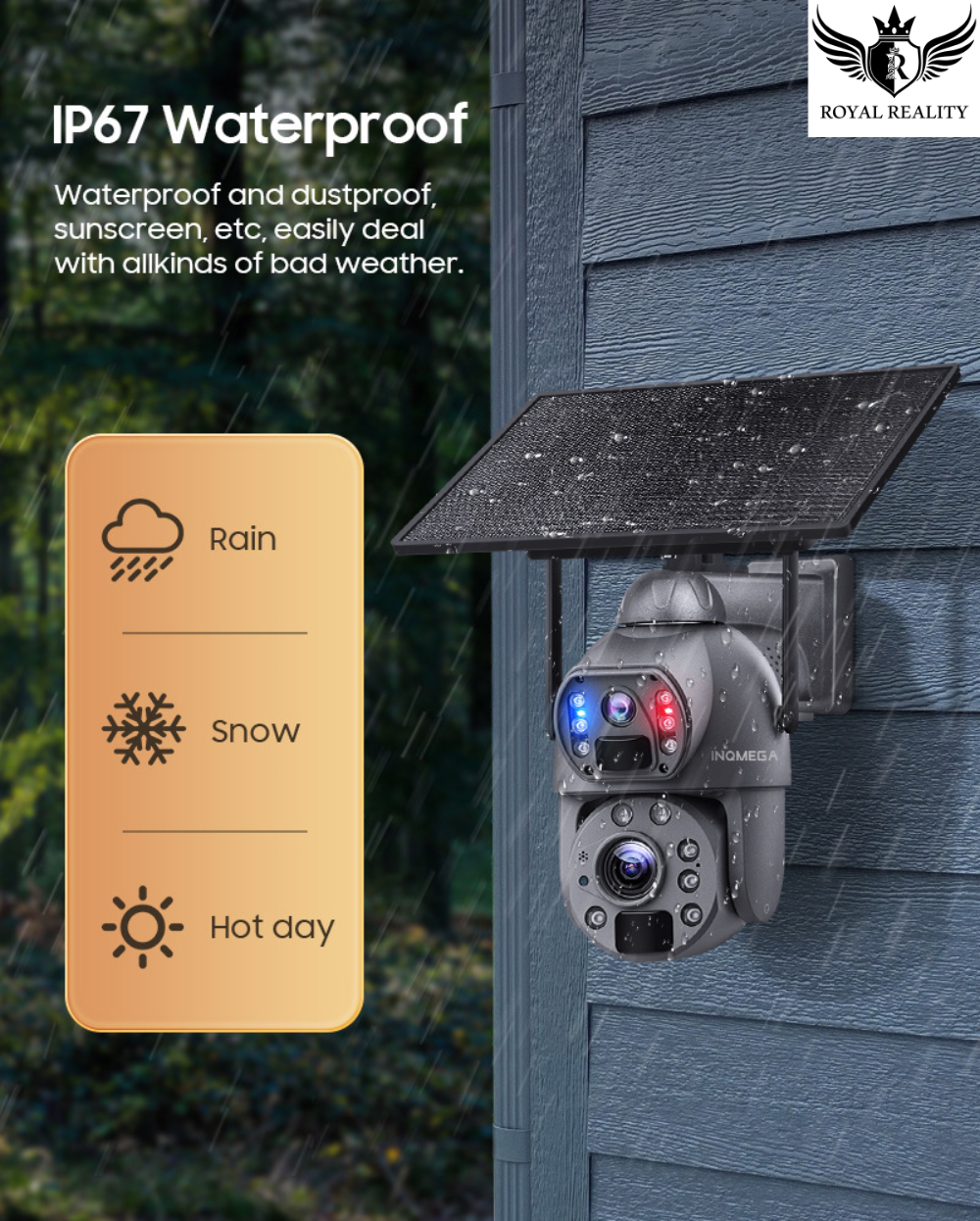 "Solar-powered camera mounted outdoors with sun and rain icons"