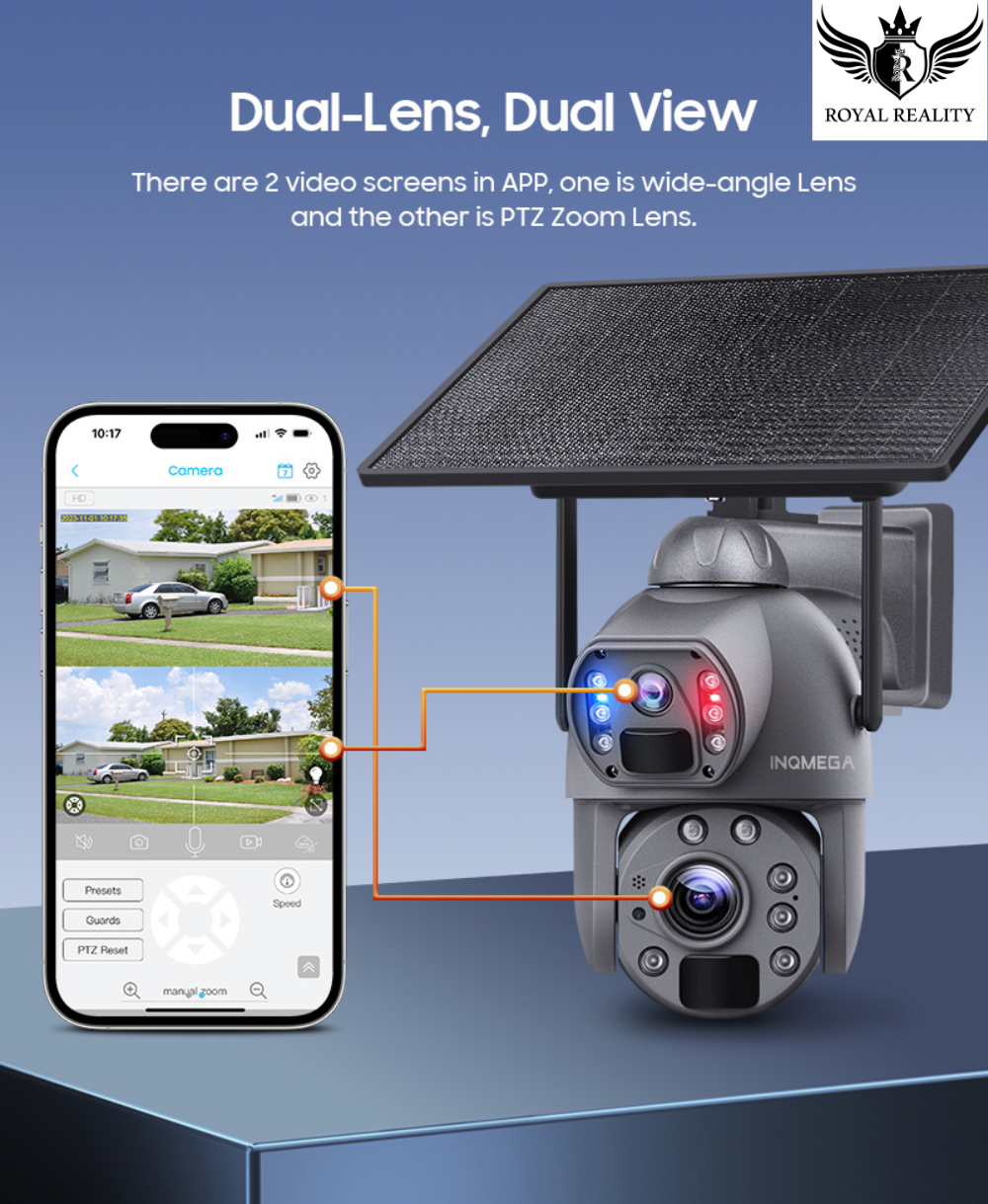 Dual-lens 4G security camera showing smartphone monitoring