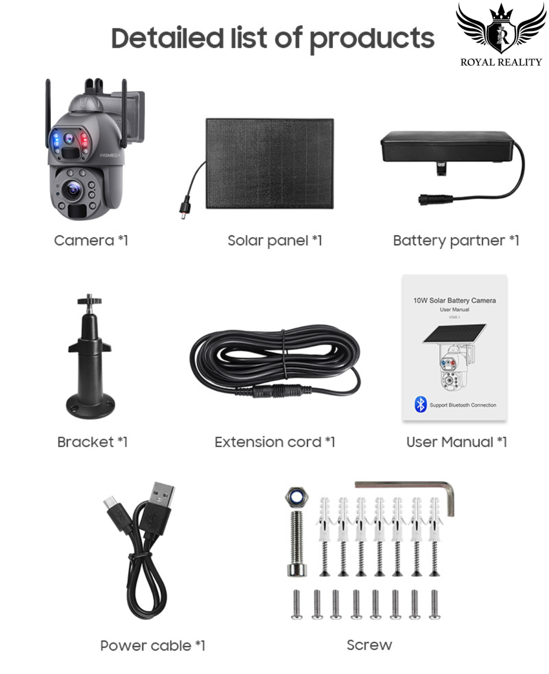 Accessories included with 4G solar camera: bracket, cables, manual, screws