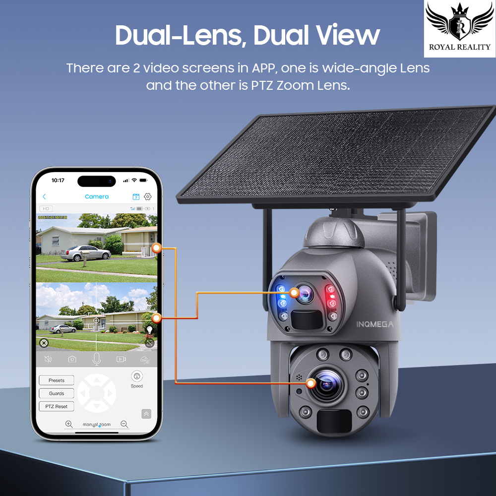 Dual-lens 4G security camera showing smartphone monitoring"