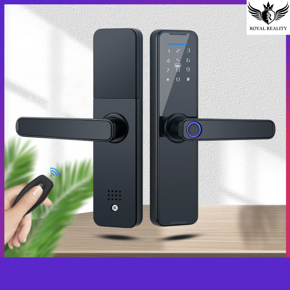 Smart fingerprint door lock in use with modern digital keypad interface
