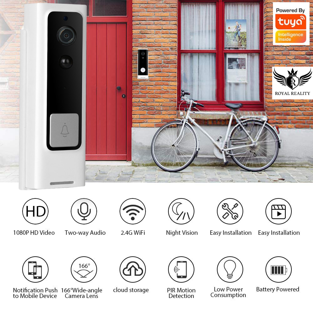 "Smart doorbell features: 1080p HD, PIR motion, two-way audio, mobile alerts"