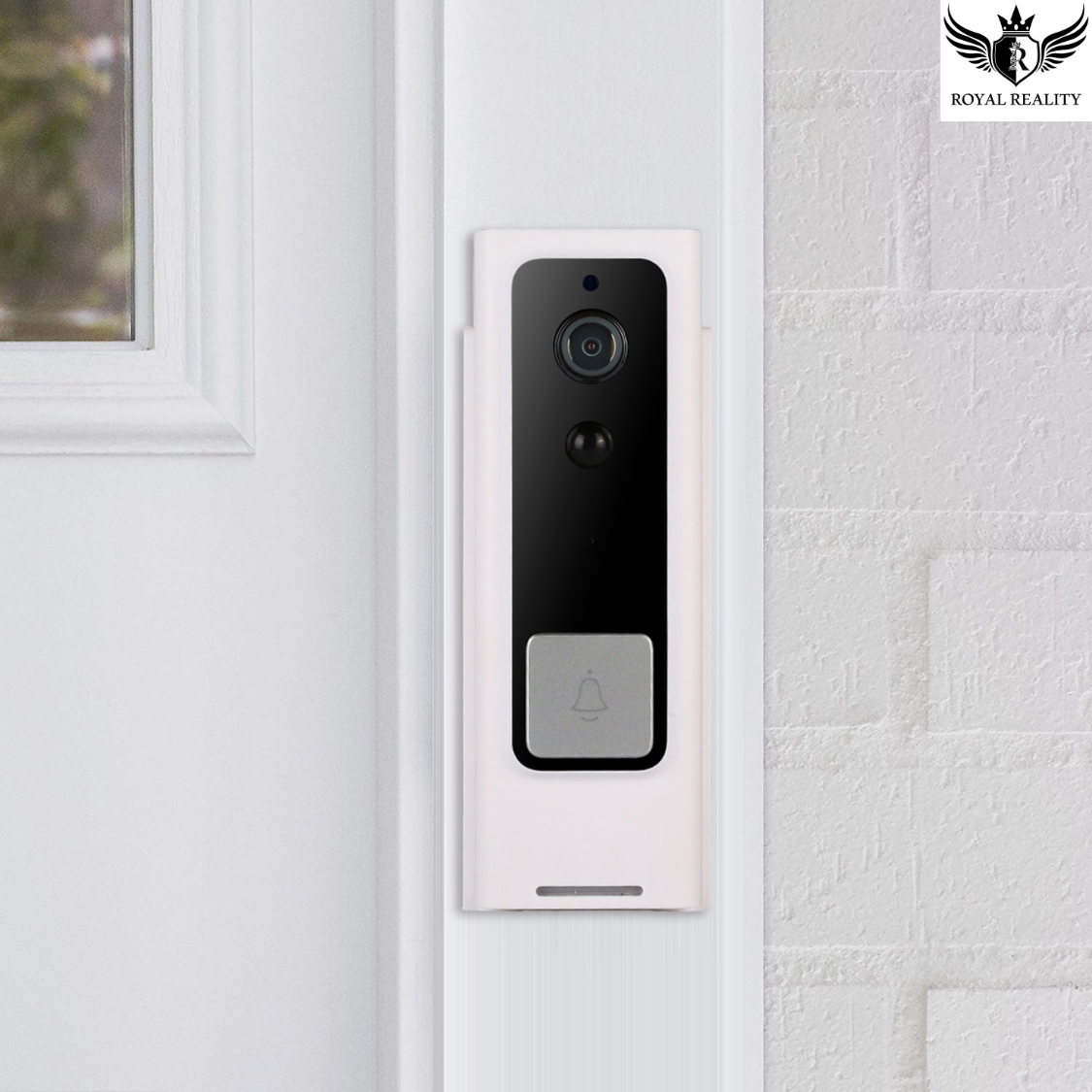 "Close-up of smart doorbell mounted on white brick wall"